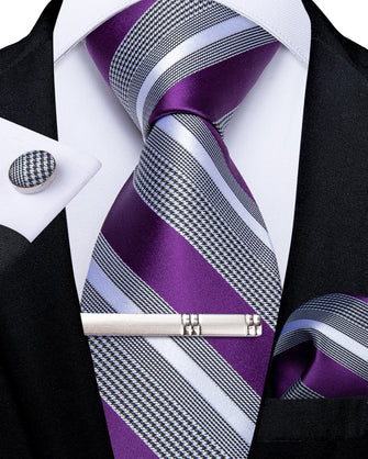 Purple Grey Striped Men's Tie Handkerchief Cufflinks Clip Set