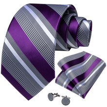 Purple Grey Striped Men's Tie Handkerchief Cufflinks  With Lapel Pin Brooch Set