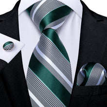 Green Grey Striped Men's Tie Handkerchief Cufflinks Set