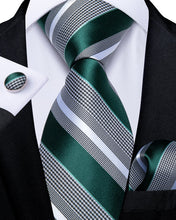 Green Grey Striped  Men's Tie Handkerchief Cufflinks Clip Set