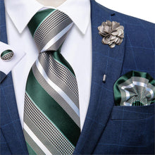 Green Grey Striped Men's Tie Handkerchief Cufflinks Set  With Lapel Pin Brooch Set
