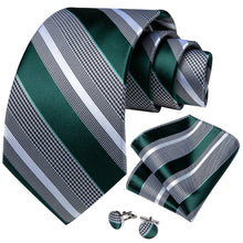 Green Grey Striped Men's Tie Handkerchief Cufflinks Set  With Lapel Pin Brooch Set