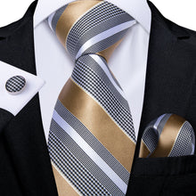 Brown Grey Striped Men's Tie Handkerchief Cufflinks Clip Set