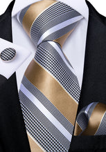 Brown Grey Striped Men's Tie Handkerchief Cufflinks Set