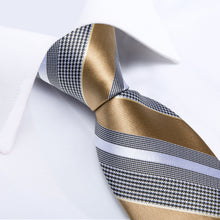 Brown Grey Striped Men's Tie Handkerchief Cufflinks Set