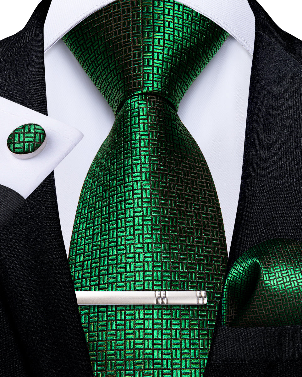Green Solid Men's Tie Handkerchief Cufflinks Clip Set