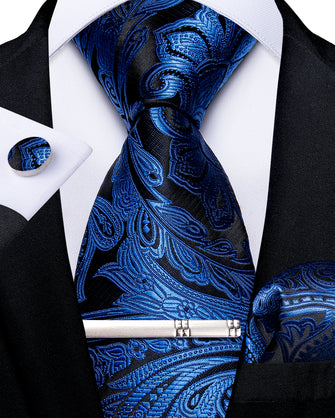 Blue Floarl Men's Tie Handkerchief Cufflinks Clip Set