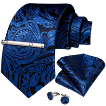 Blue Floarl Men's Tie Handkerchief Cufflinks Clip Set