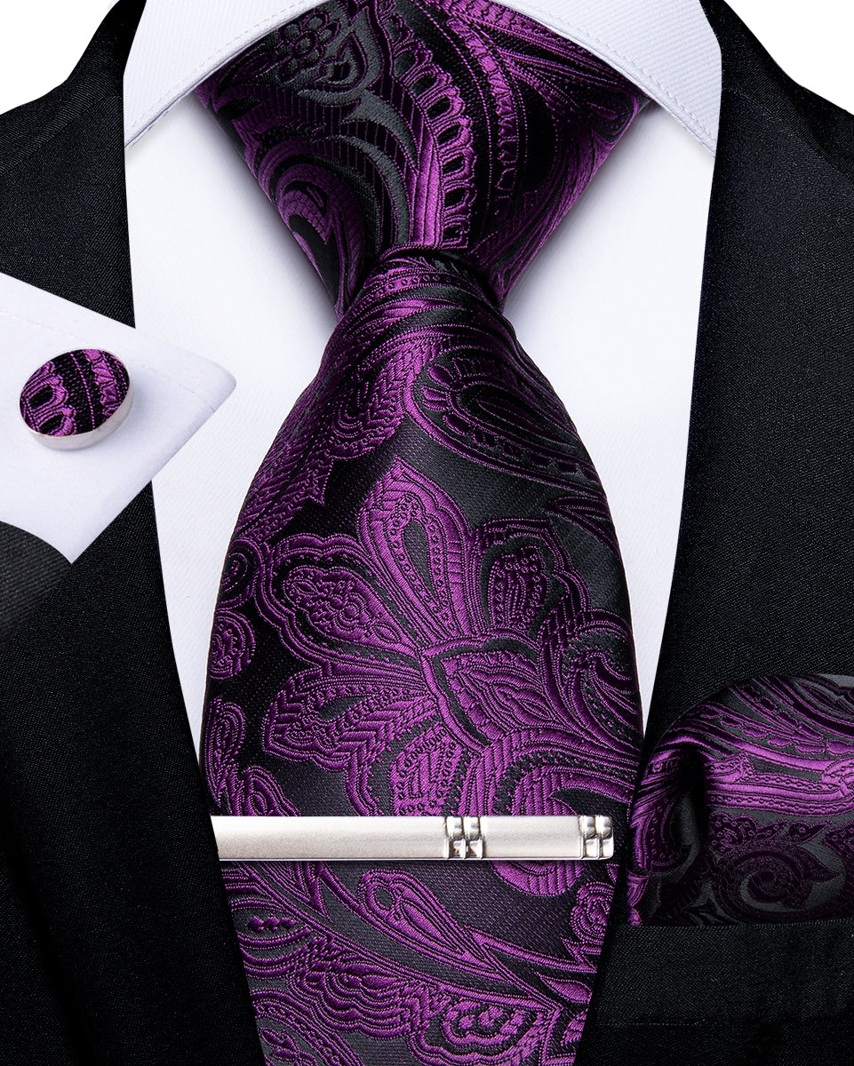 DiBanGu Purple floarl Men's Tie Handkerchief Cufflinks Clip Set