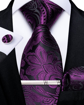 Dibangu Purple floarl Men's Tie Handkerchief Cufflinks Clip Set