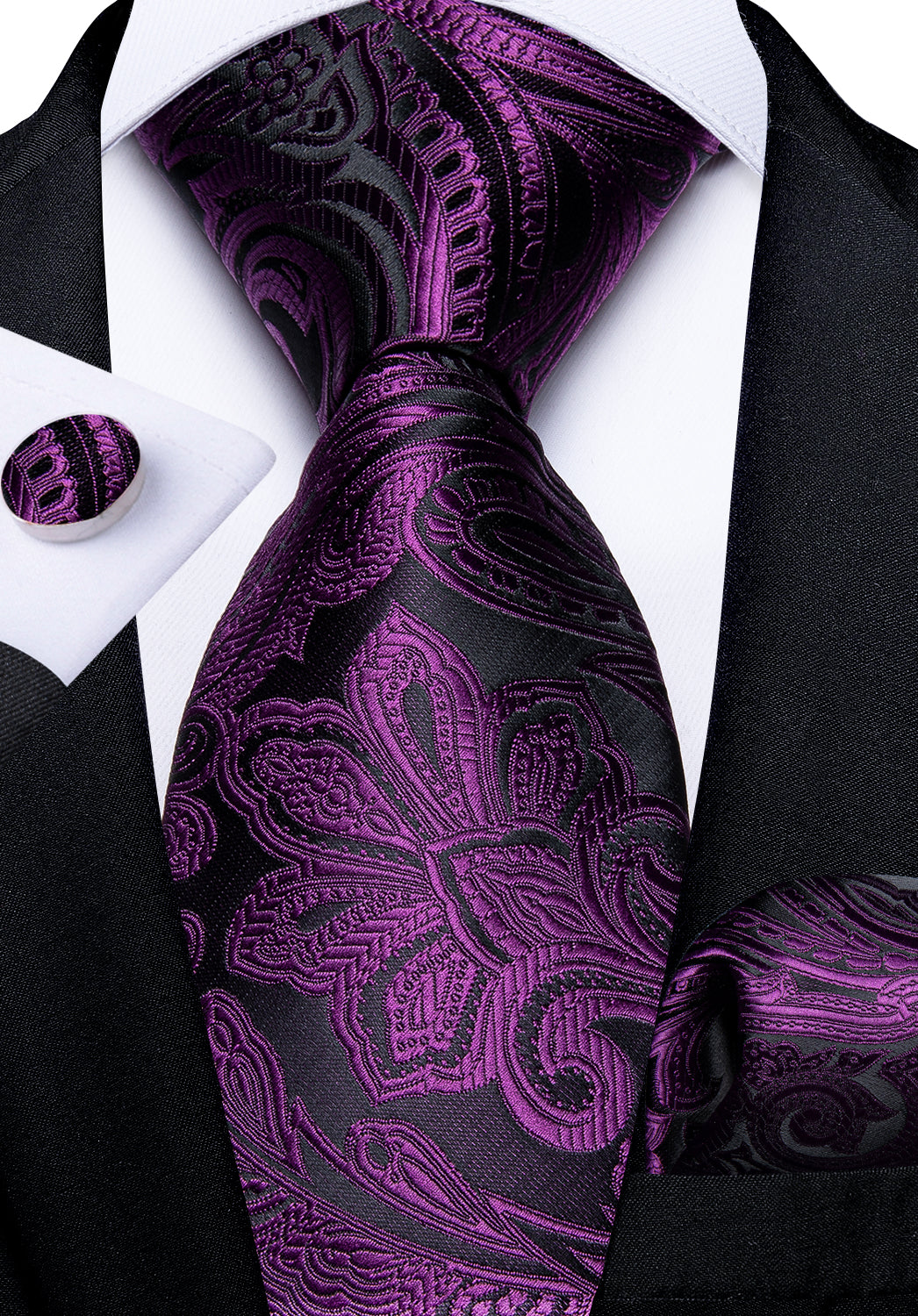 DiBanGu Purple floarl Men's Tie Handkerchief Cufflinks Clip Set