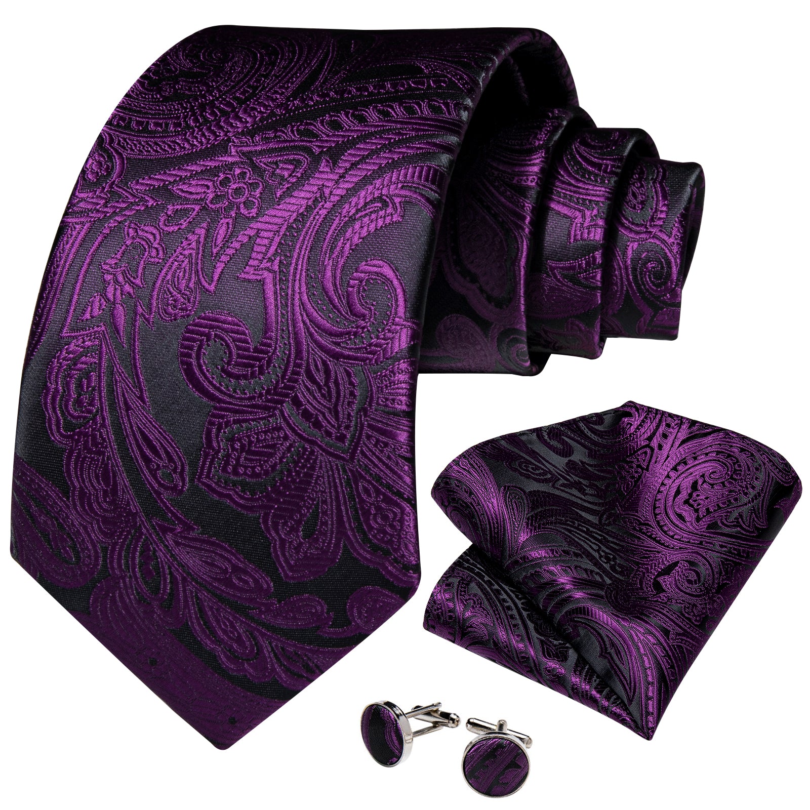 DiBanGu Purple floarl Men's Tie Handkerchief Cufflinks Clip Set