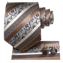 Brown Floral Tie Pocket Square Cufflinks Set (578573434922)