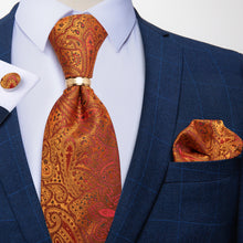 Men's Tie Orange Paisley Silk Tie Pocket Square Cufflinks with Tie Ring Set 4PC for Mens Suit