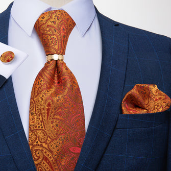 4PCS Orange Paisley Silk Men's Tie Pocket Square Cufflinks with Tie Ring Set