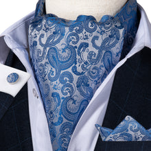 Blue Paisley Silk Cravat Woven Ascot Tie Pocket Square Handkerchief Suit Set (4540669624401)