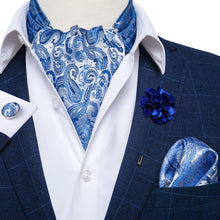 Blue Paisely Silk Cravat Woven Ascot Tie Pocket Square Handkerchief Suit with Lapel Pin Brooch Set