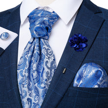 Blue Paisely Silk Cravat Woven Ascot Tie Pocket Square Handkerchief Suit with Lapel Pin Brooch Set
