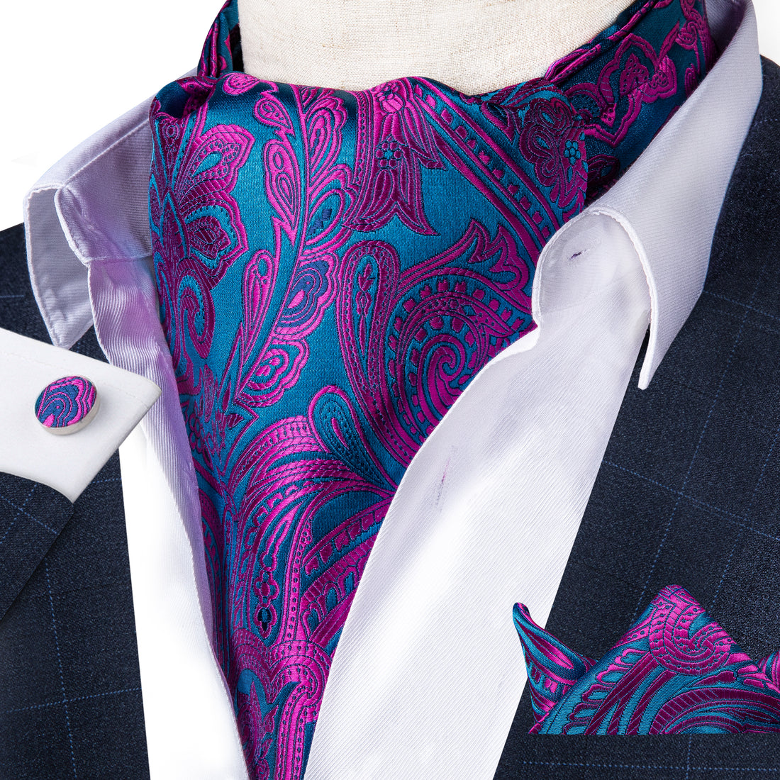 Purple Paisley Silk Cravat Woven Ascot Tie Pocket Square Handkerchief Suit Set (4540670017617)