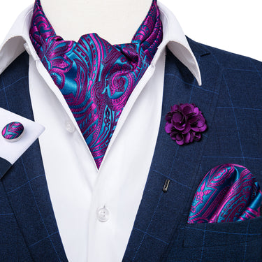 Purple Paisley Silk Cravat Woven Ascot Tie Pocket Square Handkerchief Suit with Lapel Pin Brooch Set