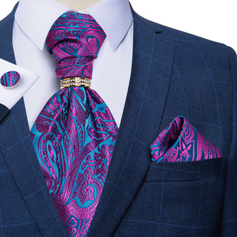 Purple Blue Paisley Silk Cravat Woven Ascot Tie Pocket Square Cufflinks With Mens Tie Ring Set