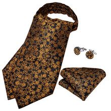 Brown Black Floral  Silk Cravat Woven Ascot Tie Pocket Square Handkerchief Suit Set (4540671230033)