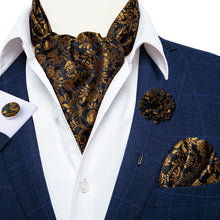 Brown Black Floral Silk Cravat Woven Ascot Tie Pocket Square Handkerchief Suit with Lapel Pin Brooch Set