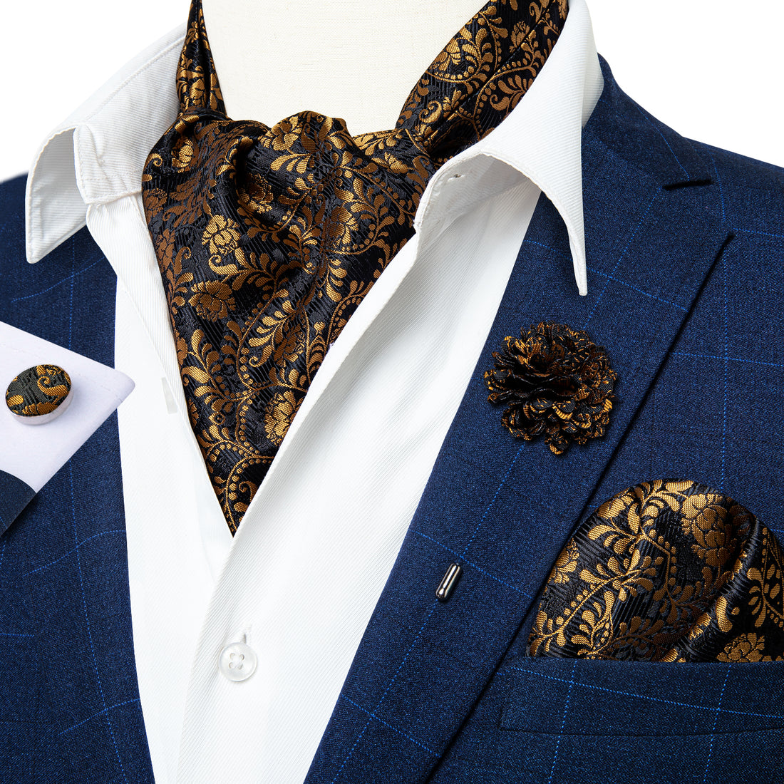 Brown Black Floral Silk Cravat Woven Ascot Tie Pocket Square Handkerchief Suit with Lapel Pin Brooch Set