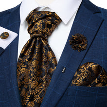 Brown Black Floral Silk Cravat Woven Ascot Tie Pocket Square Handkerchief Suit with Lapel Pin Brooch Set
