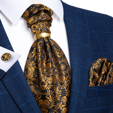 Brown Black Floral Silk Cravat Woven Ascot Tie Pocket Square Cufflinks With Tie Ring Set