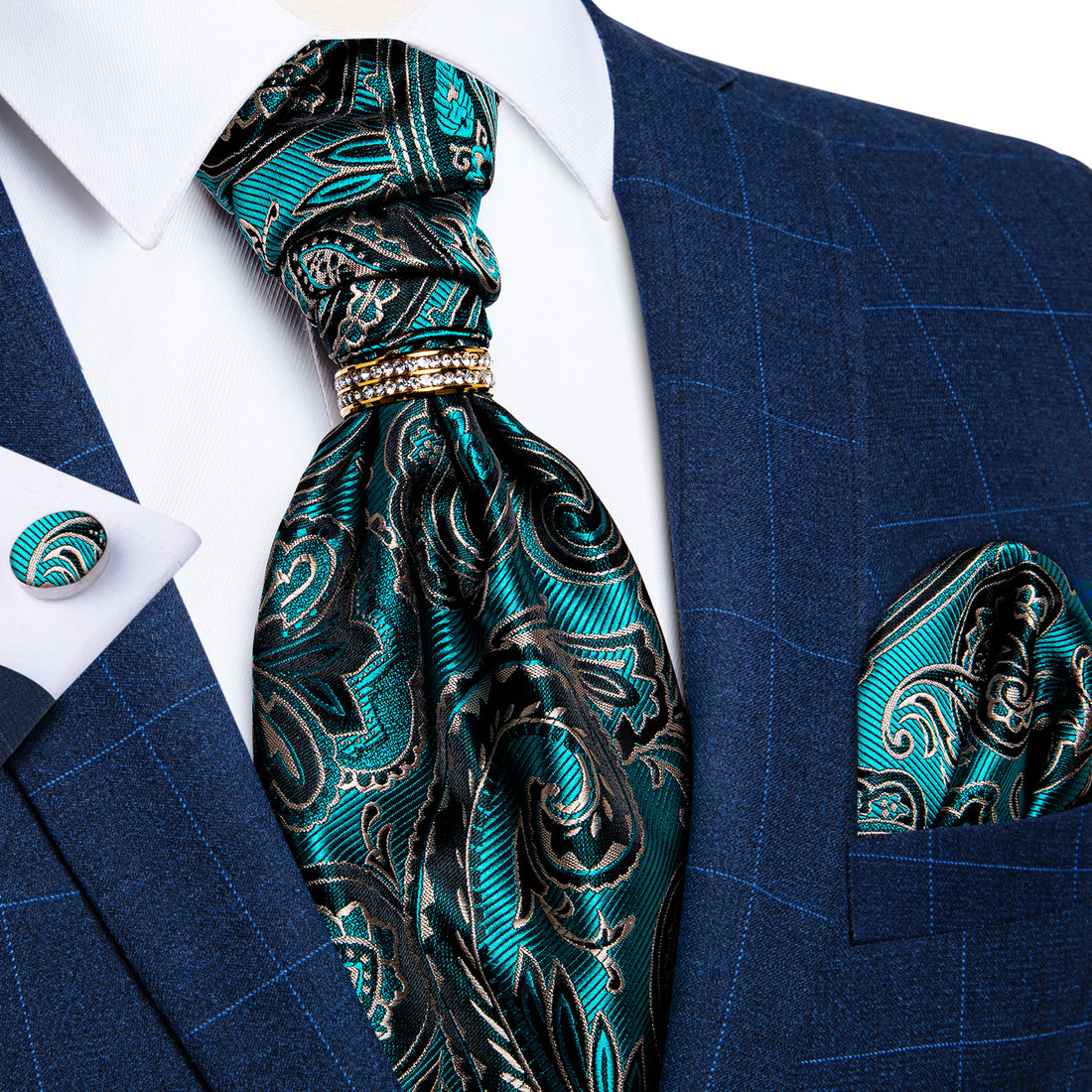 Teal Black Floral Silk Cravat Woven Ascot Tie Pocket Square Cufflinks With Tie Ring Set