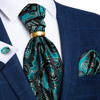 Teal Black Floral Silk Cravat Woven Ascot Tie Pocket Square Cufflinks With Tie Ring Set