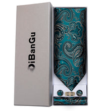Teal Black Floral Silk Cravat Woven Ascot Tie Pocket Square Cufflinks With Tie Ring Gift Box Set