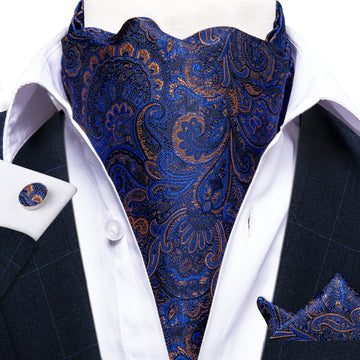 Blue Paisley Silk Cravat Woven Ascot Tie Pocket Square Handkerchief Suit Set (4540685877329)