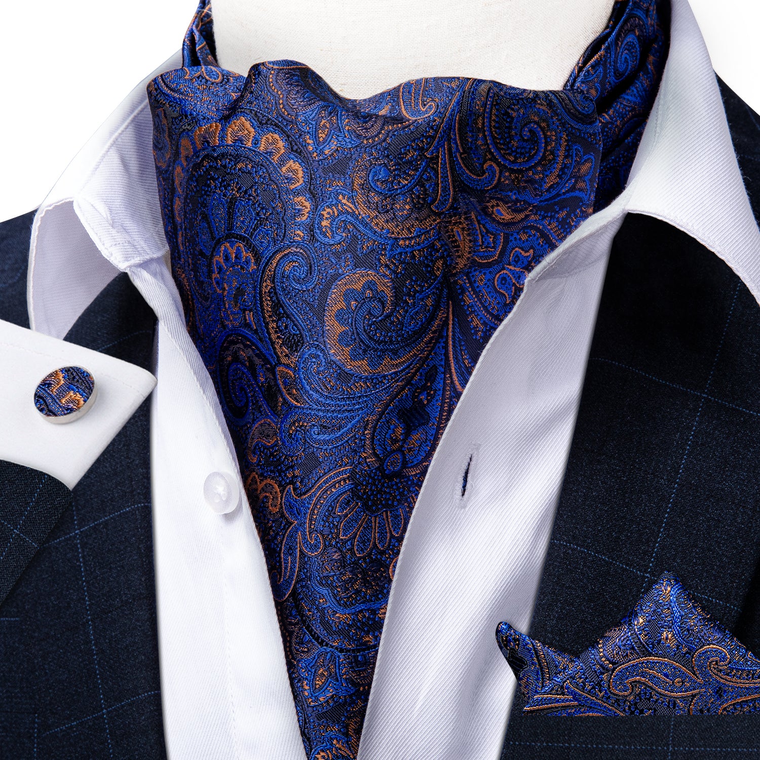 Blue Paisley Silk Cravat Woven Ascot Tie Pocket Square Handkerchief Suit Set (4540685877329)