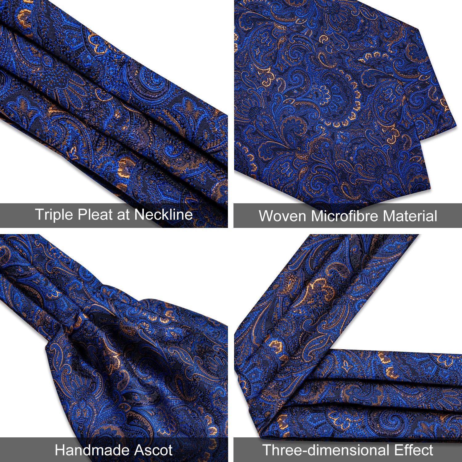 Blue Paisley Silk Cravat Woven Ascot Tie Pocket Square Handkerchief Suit Set