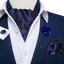 Blue Brown Paisley Silk Cravat Woven Ascot Tie Pocket Square Handkerchief Suit with Lapel Pin Brooch Set
