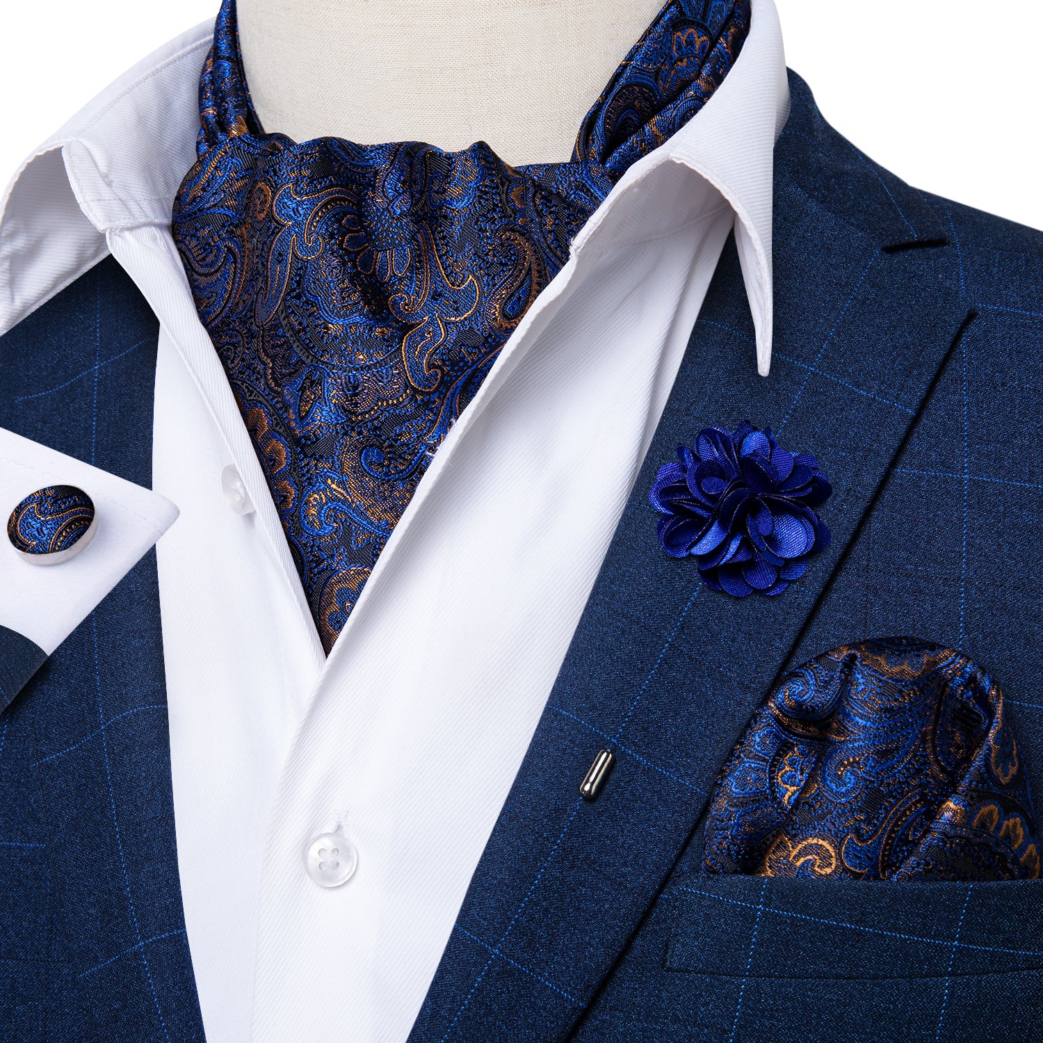 Blue Brown Paisley Silk Cravat Woven Ascot Tie Pocket Square Handkerchief Suit with Lapel Pin Brooch Set