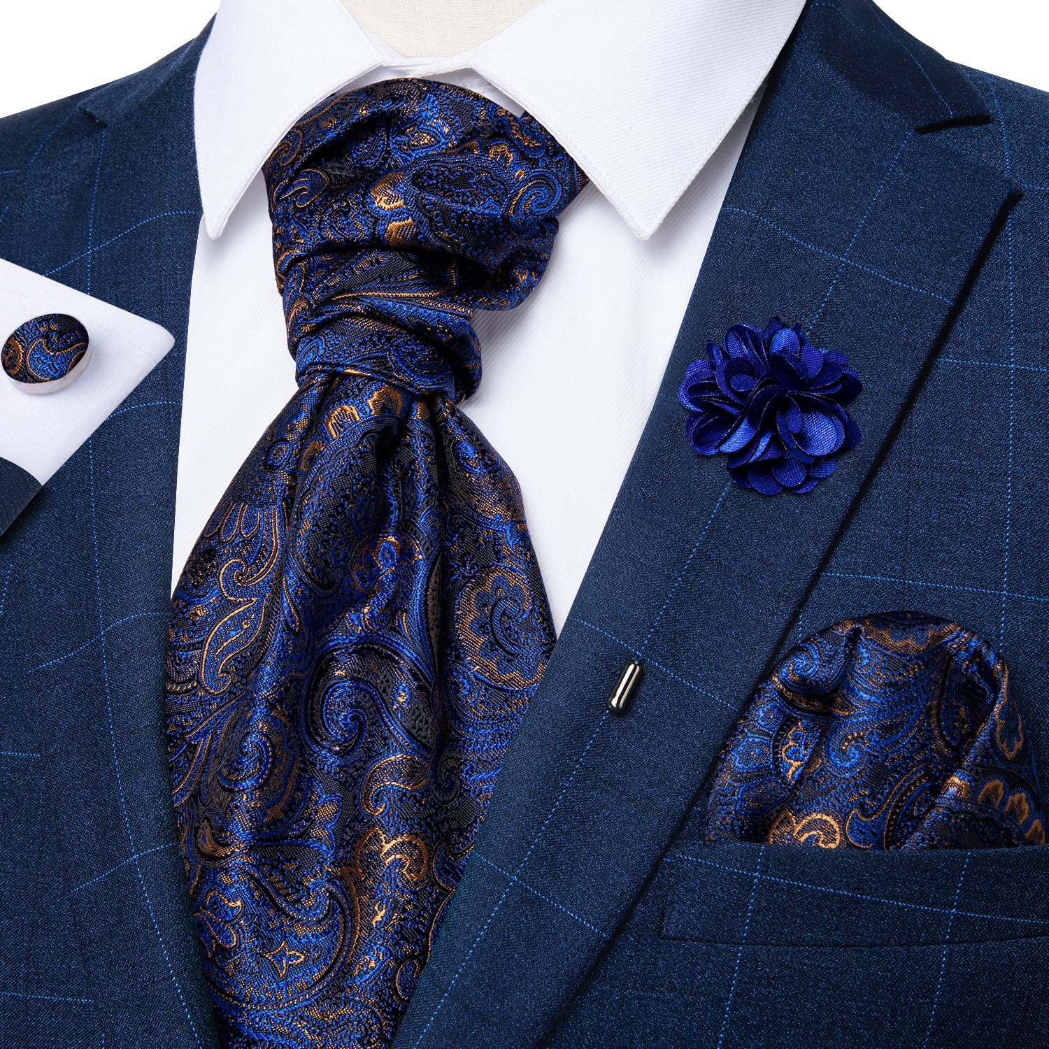 Blue Brown Paisley Silk Cravat Woven Ascot Tie Pocket Square Handkerchief Suit with Lapel Pin Brooch Set