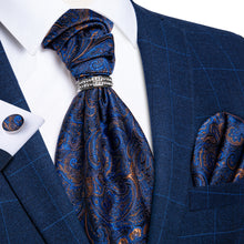 Blue Paisley Silk Cravat Woven Ascot Tie Pocket Square Cufflinks With Tie Ring Set