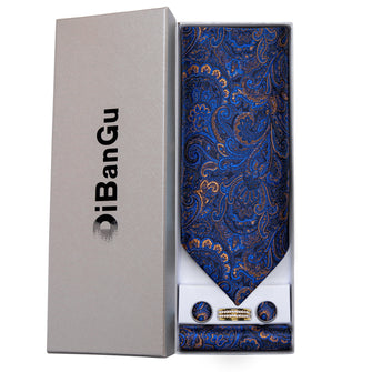Blue Paisley Silk Cravat Woven Ascot Tie Pocket Square Cufflinks With Tie Ring Gift Box Set