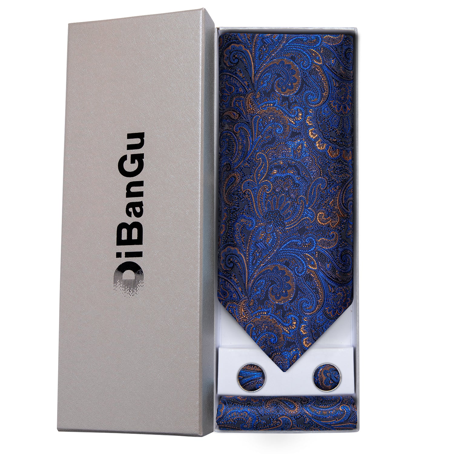 Blue Paisley Silk Cravat Woven Ascot Tie Pocket Square Handkerchief Suit Set