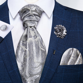 Grey Paisley Silk Cravat Woven Ascot Tie Pocket Square Handkerchief Suit with Lapel Pin Brooch Set