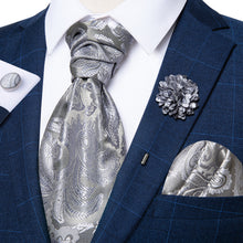 Grey Paisley Silk Cravat Woven Ascot Tie Pocket Square Handkerchief Suit with Lapel Pin Brooch Set