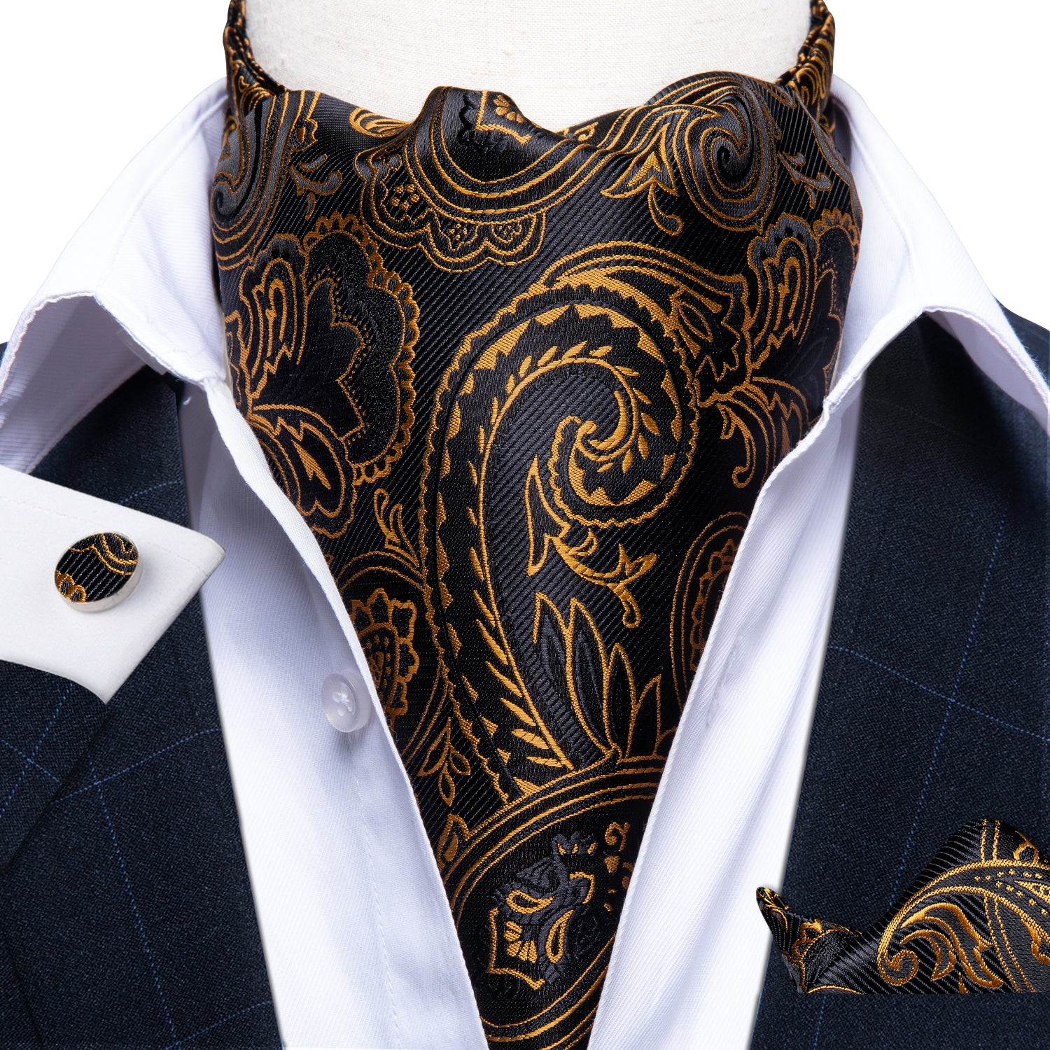 Brown Black Paisley Silk Cravat Woven Ascot Tie Pocket Square Handkerchief Suit Set (4540693381201)