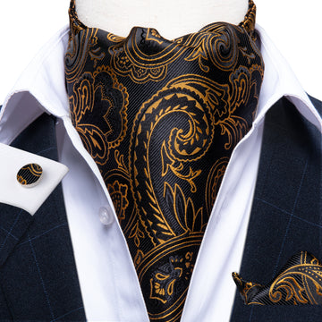 Brown Black Paisley Silk Cravat Woven Ascot Tie Pocket Square Handkerchief Suit Set (4540693381201)
