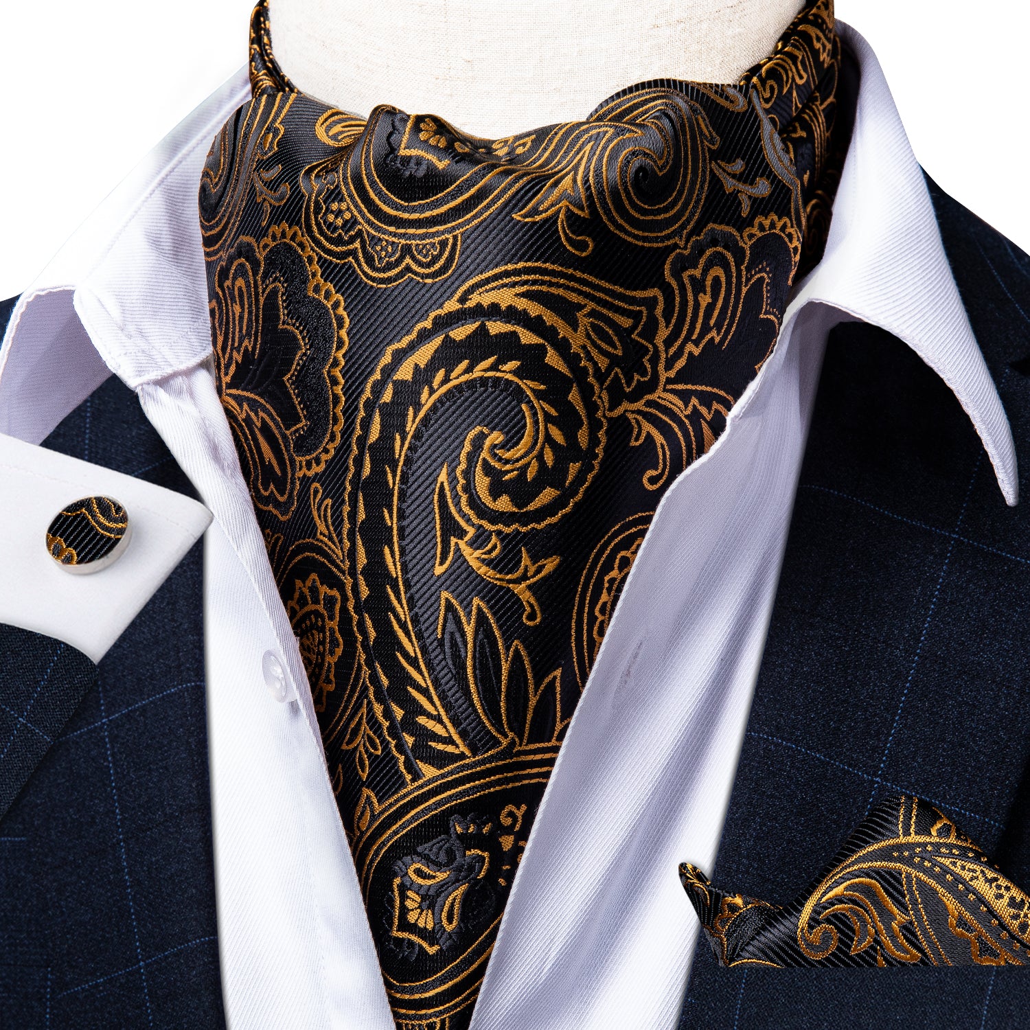 Brown Black Paisley Silk Cravat Woven Ascot Tie Pocket Square Handkerchief Suit Set (4540693381201)