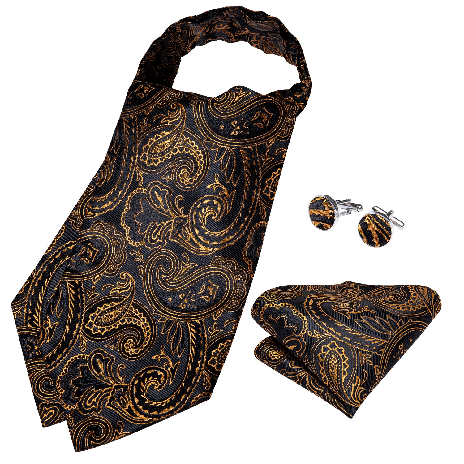 Brown Black Paisley Silk Cravat Woven Ascot Tie Pocket Square Handkerchief Suit Set (4540693381201)