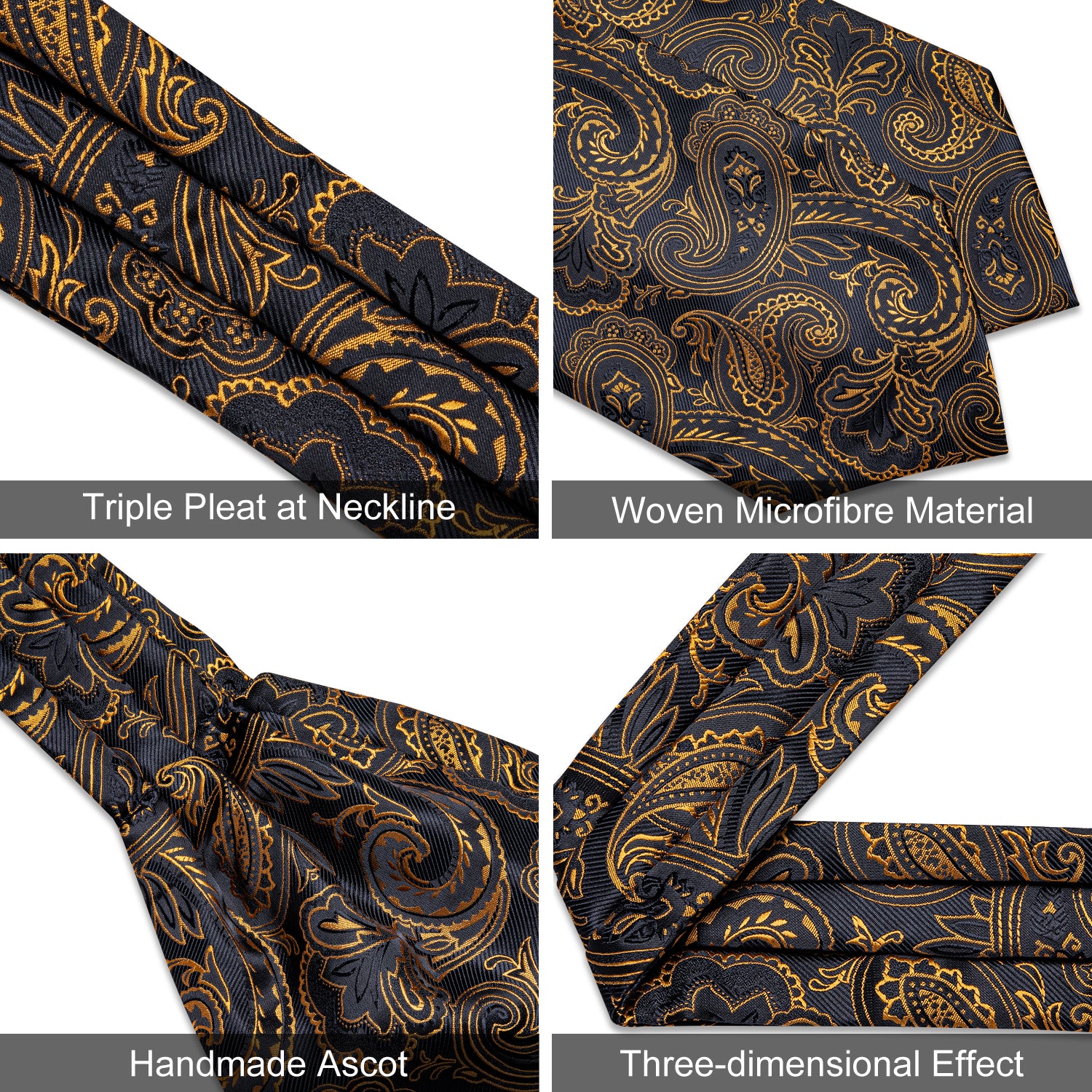 Brown Black Paisley Silk Cravat Woven Ascot Tie Pocket Square Handkerchief Suit Set