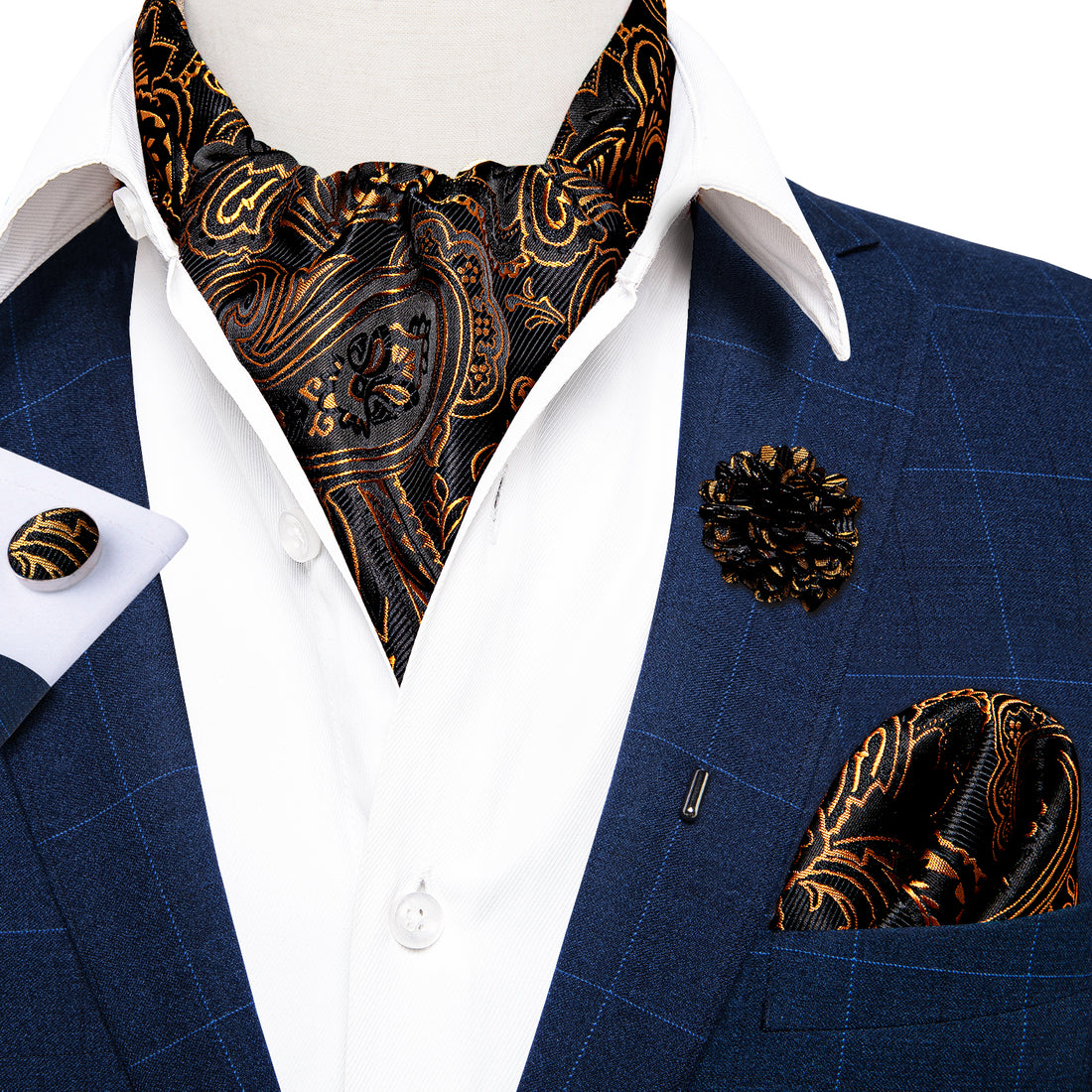 Brown Black Paisley Silk Cravat Woven Ascot Tie Pocket Square Handkerchief Suit with Lapel Pin Brooch Set